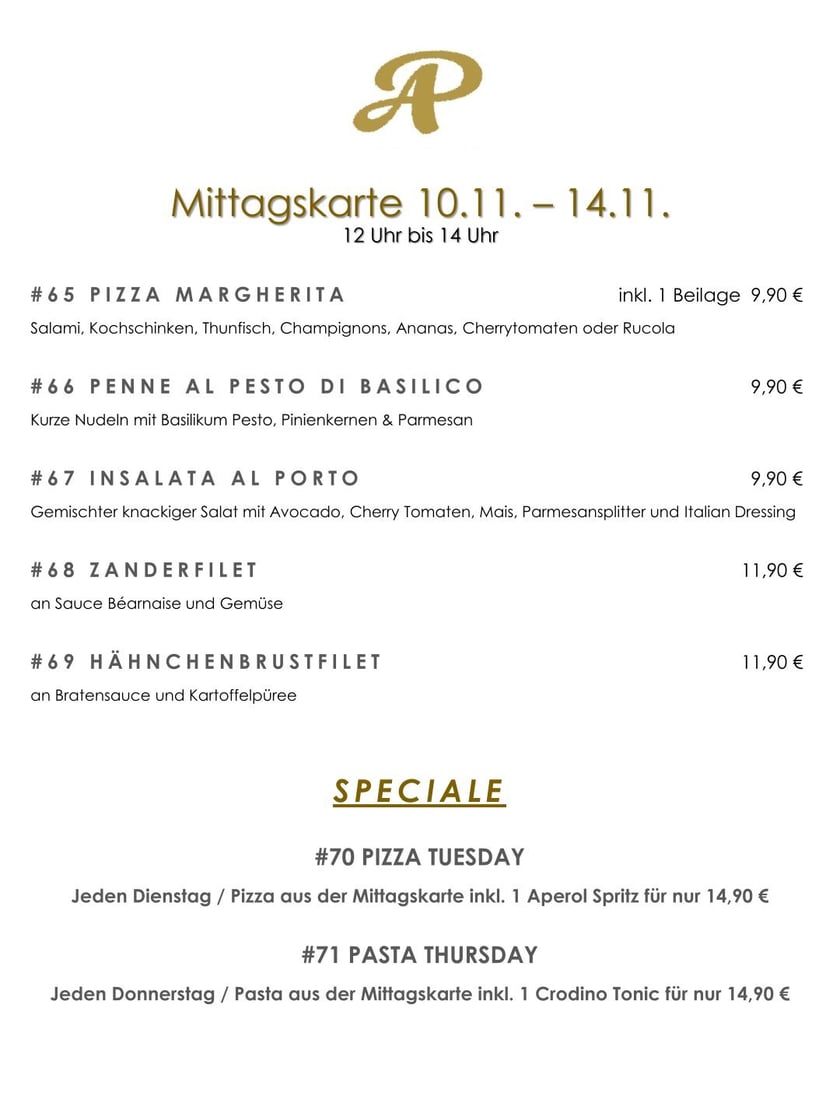 Mittagskarte Al Porto Mittagstisch vom 10.11. - 14.11 Deutsch