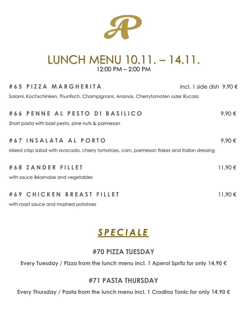 Mittagskarte Al Porto Mittagstisch vom 10.11. - 14.11 Englisch