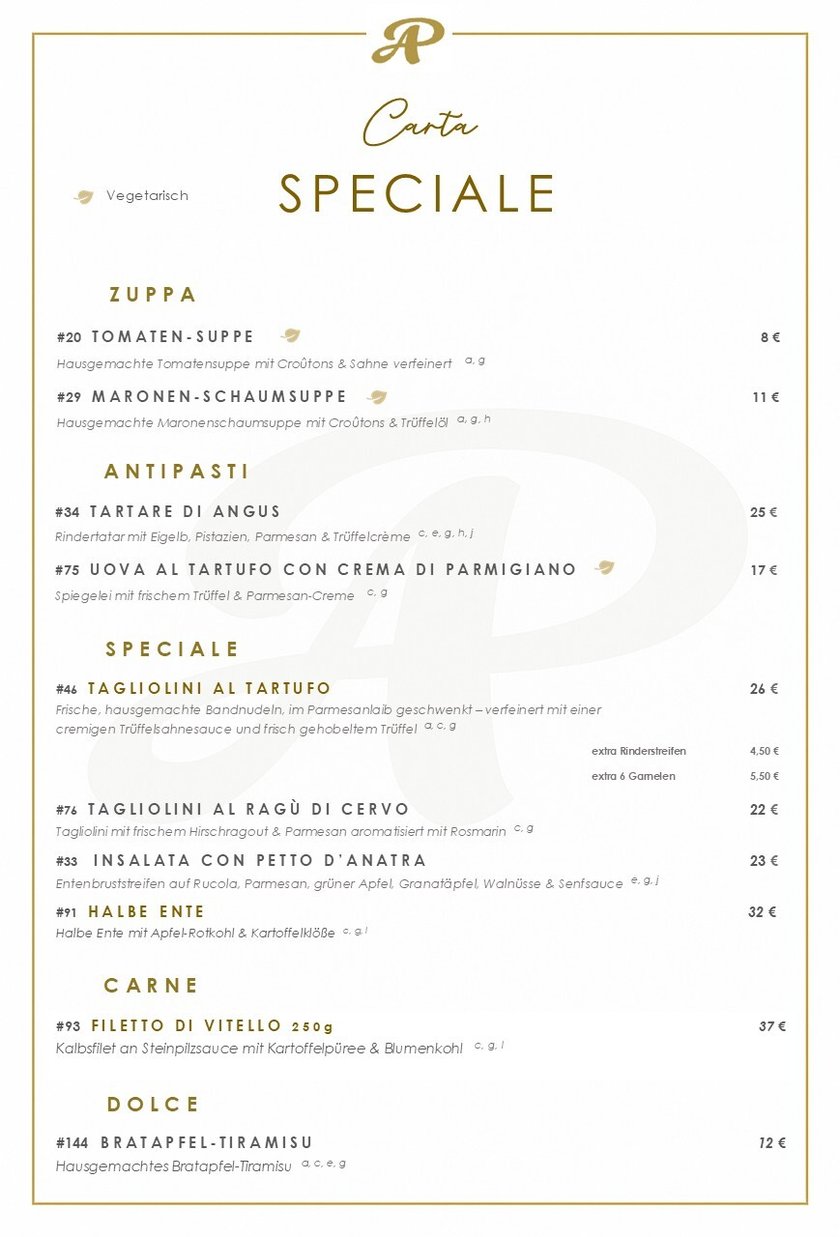 Speisekarte Carta Speciale Deutsch