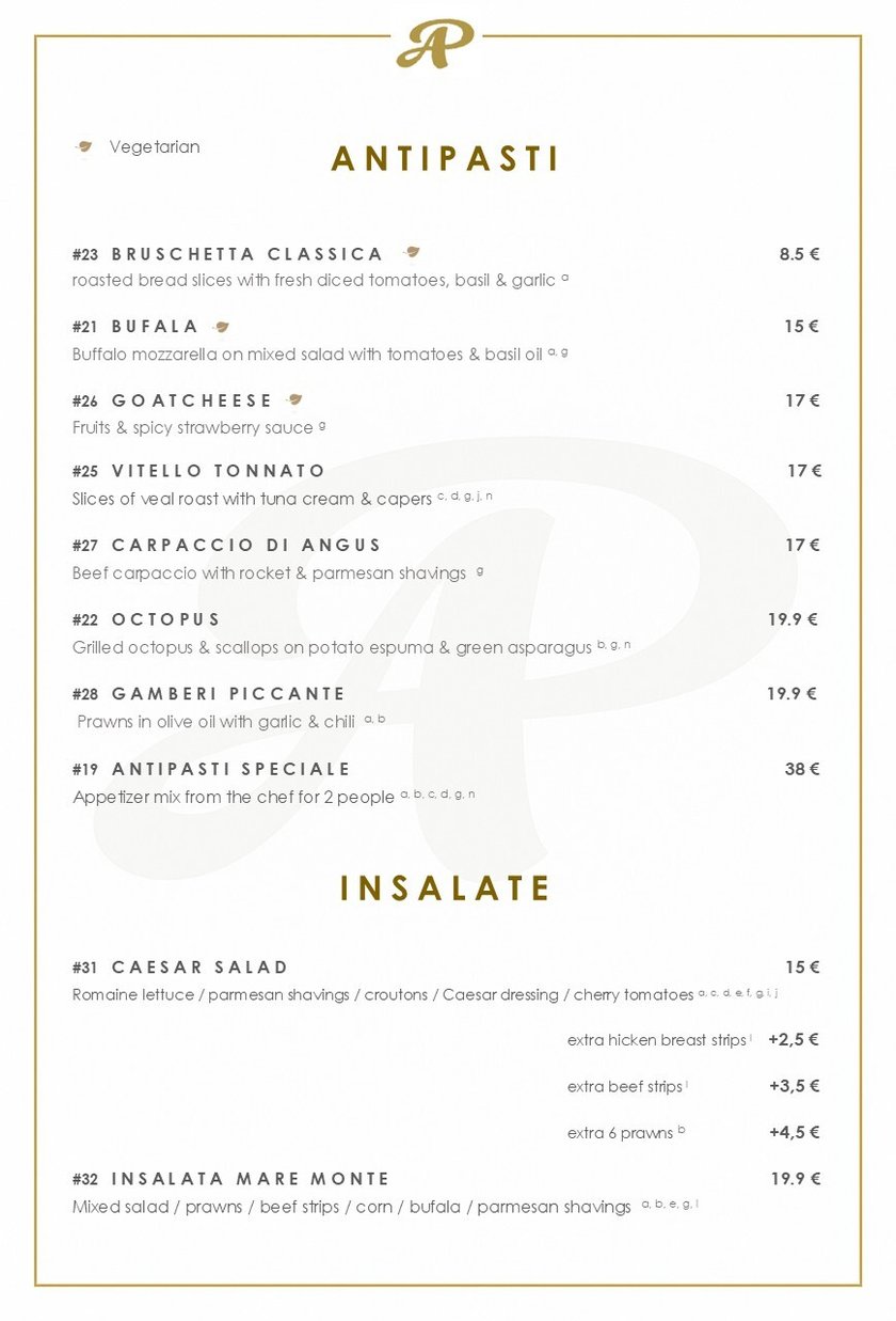 Speisekarte Dezember Englisch online Antipasti