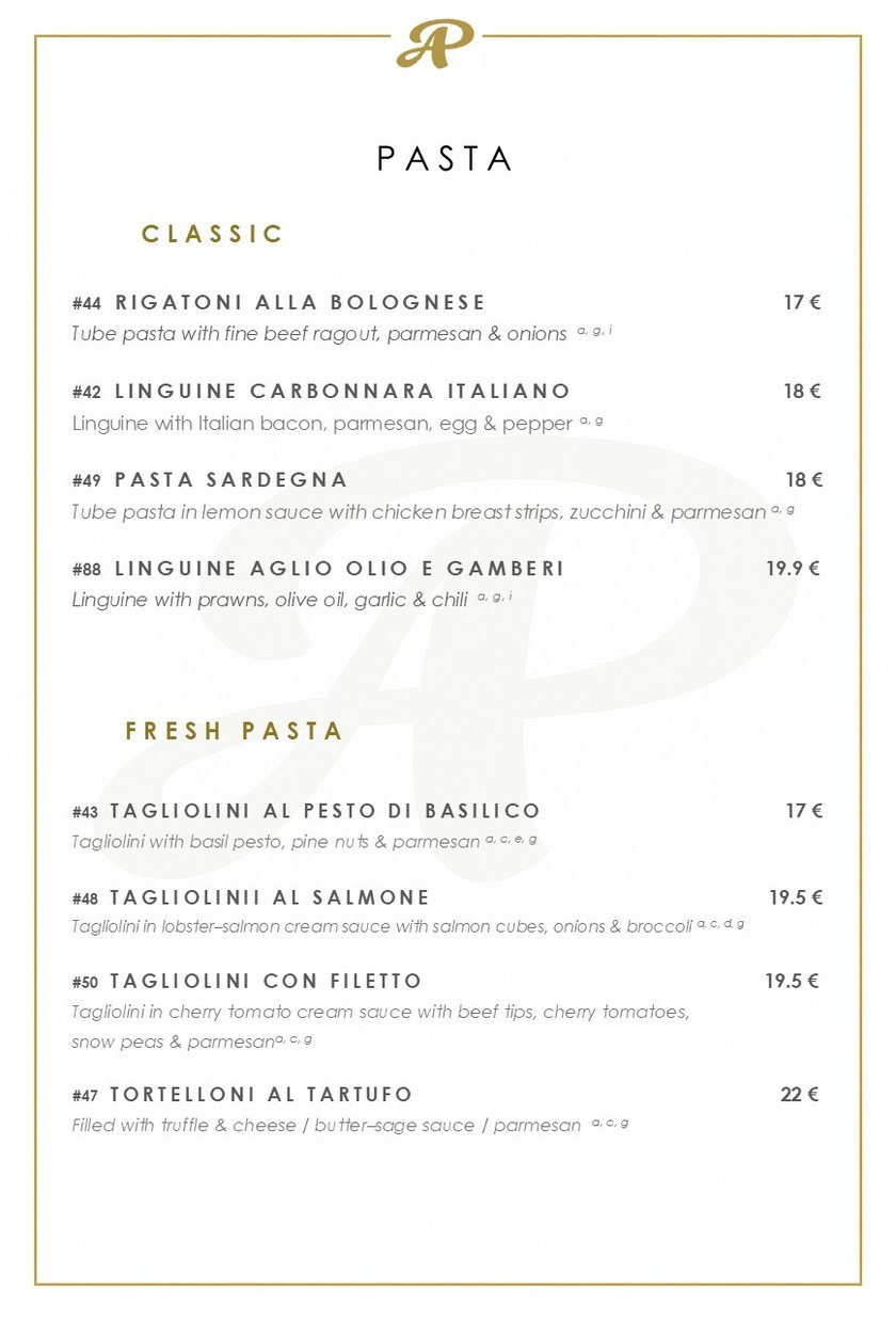 Speisekarte Dezember Englisch online Pasta