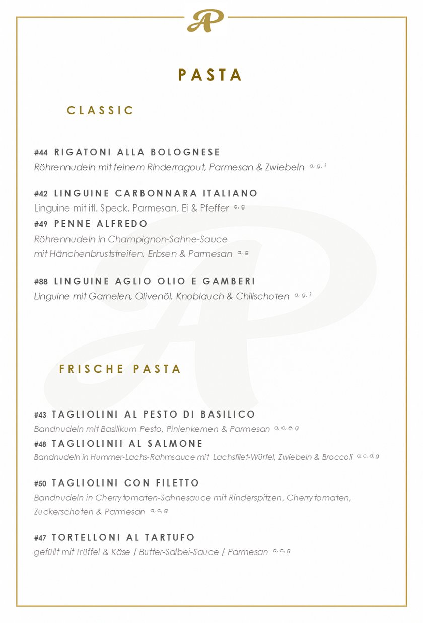 Speisekarte Jauar 2026 online Deutsch Pasta